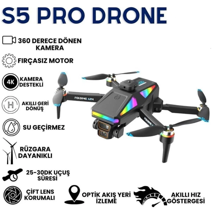 S5 Pro Akıllı Drone Katlanabilir ve 4K HD Kameralı Çift Lensli
