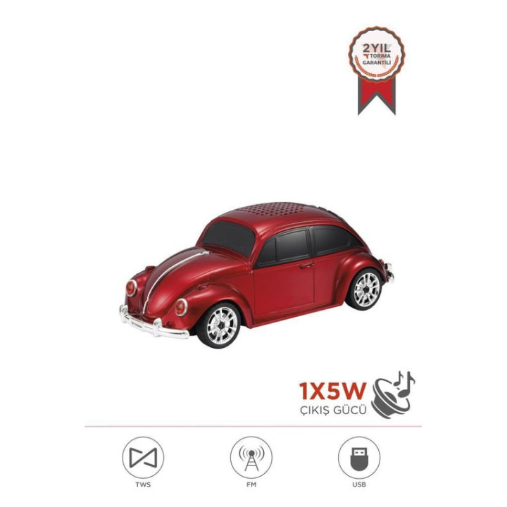 D49-Kırmızı Araba Voswos Retro Tasarım USB/TF/FM Bluetooth Hoparlör Speaker Hoparlör FM-AUX-USB Destekli Speaker Hoparlör